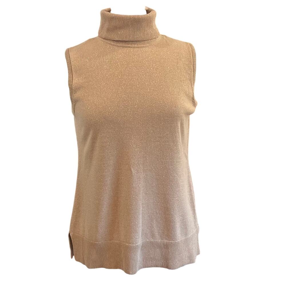 Kasper Gold Metallic Glittery Sleeveless Turtleneck Sweater, Y2K, Size L
